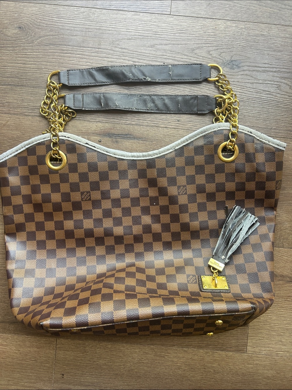 Louis Vuitton Brown Checkered Tote Bag with Tassel - Designer Style !!